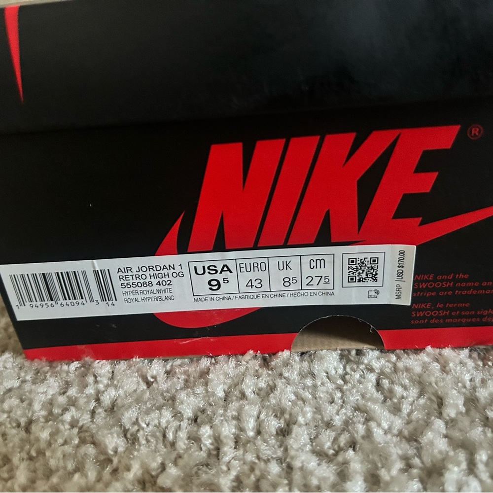 NEW Jordan 1 Retro High Hyper Royal Smoke Grey Men’s Size 9.5 Light Blue & Grey - Picture 7 of 9
